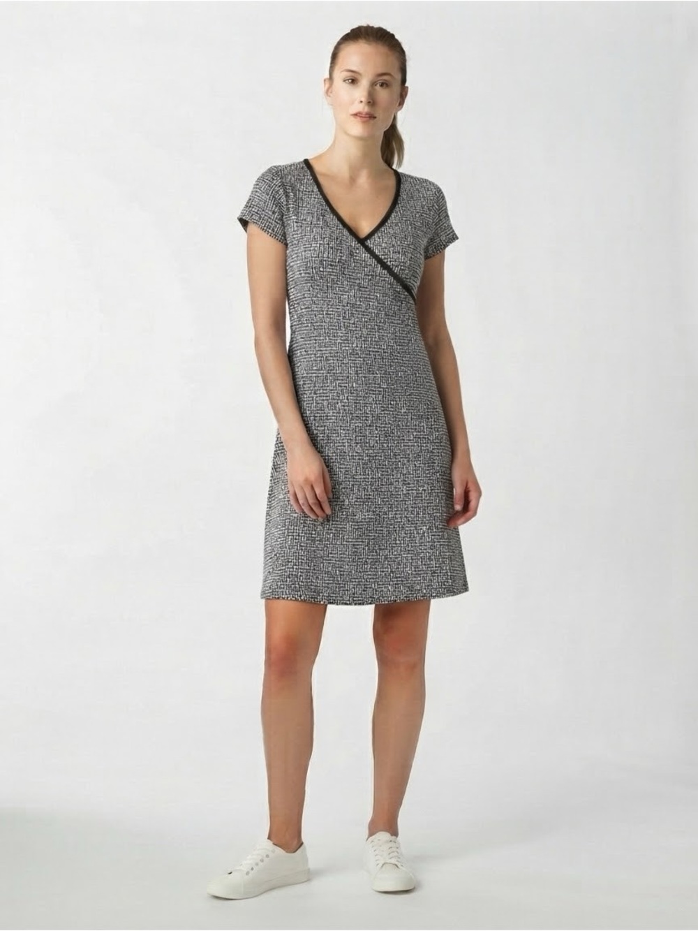 prAna Excellence Faux Wrap Dress XS Black White Geometric Athletic Travel Active